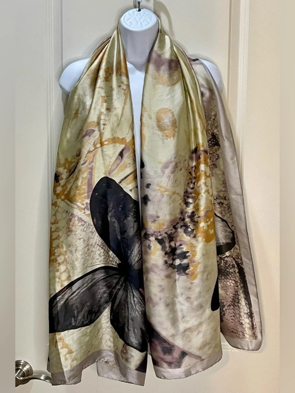 Large 100% Silk Butterfly Wrap Scarf Sarong in Gold Mauve Gray and Black 35x72